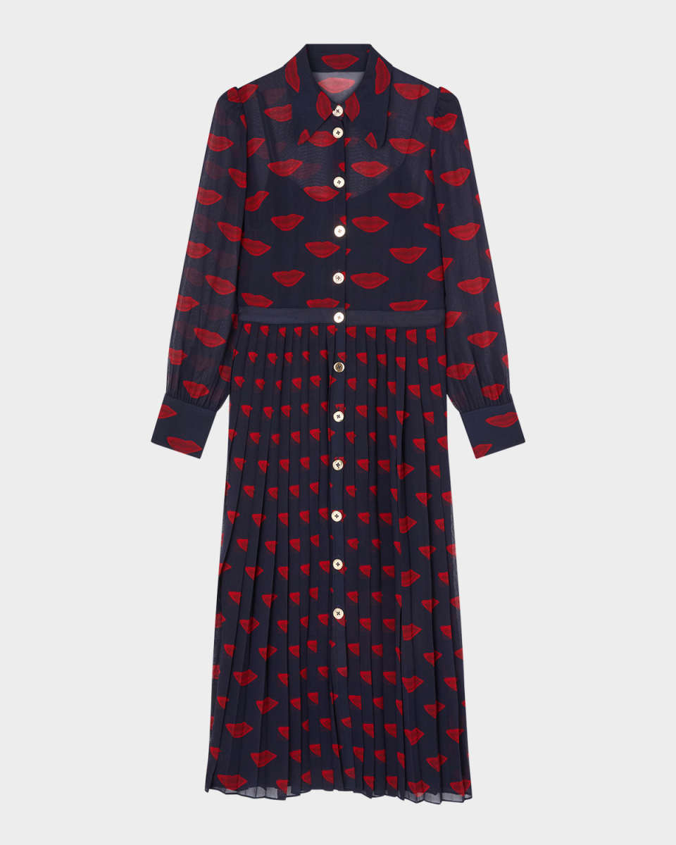 Tallis Pleated Lip-Print Midi Shirtdress